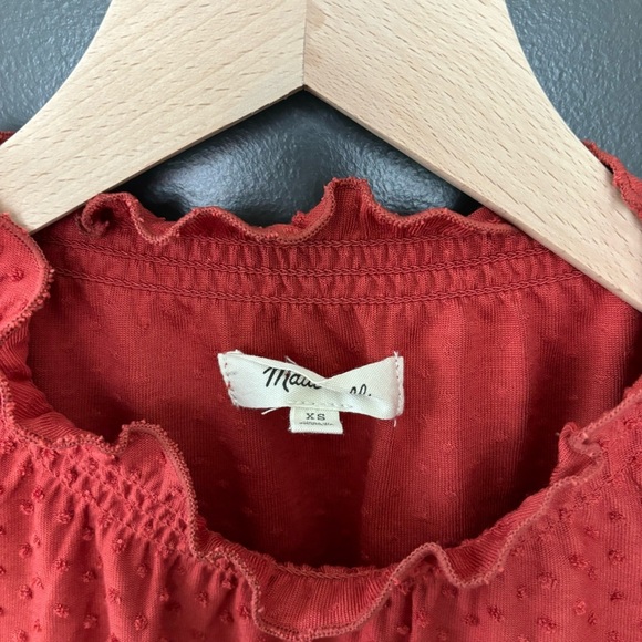 Madewell Red Clipdot Ruffle Mock Neck Half-Sleeve Dainty Blouse Size XS - Picture 6 of 10